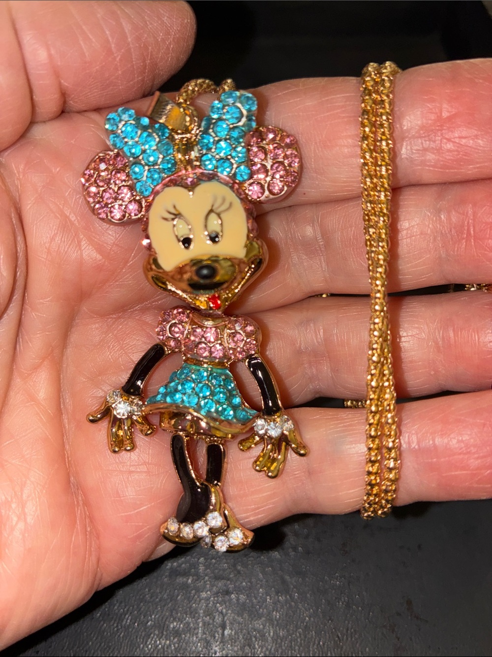 Minnie Mouse Pink & Turquoise Crystal Pendant Necklace - Gold Tone